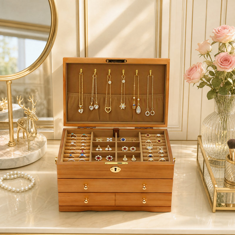 Canora Grey 3 Layers Wooden Jewelry Storage Display Boxes With
